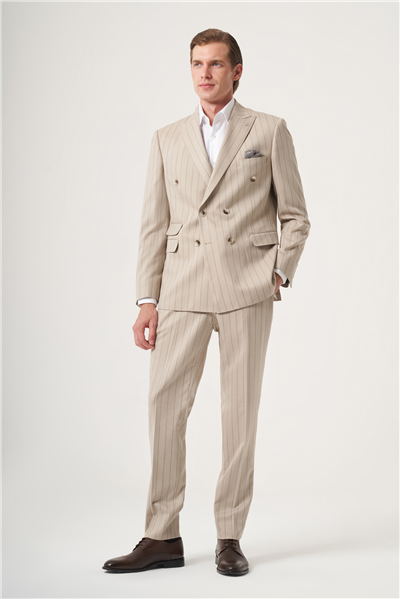 Bej-Vizon Kırlangıç Yaka Çizgili Kruvaze 6 Drop Slim Fit Tam Astar Esnek Takım Elbise 1001260286