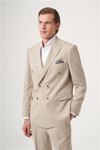 Bej-Vizon Kırlangıç Yaka Çizgili Kruvaze 6 Drop Slim Fit Tam Astar Esnek Takım Elbise 1001260286