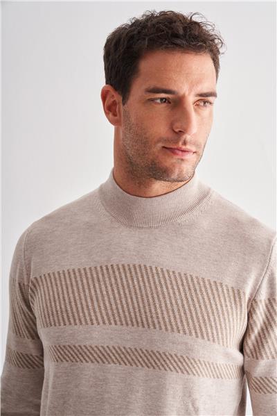 Bej Yarım Balıkçı Yaka Uzun Kol Cepsiz Comfort Fit Pamuklu Triko Kazak 1012255213