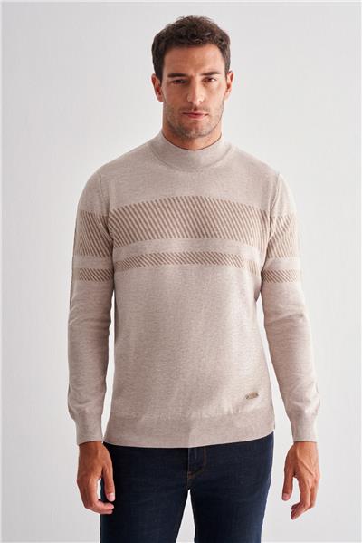 Bej Yarım Balıkçı Yaka Uzun Kol Cepsiz Comfort Fit Pamuklu Triko Kazak 1012255213