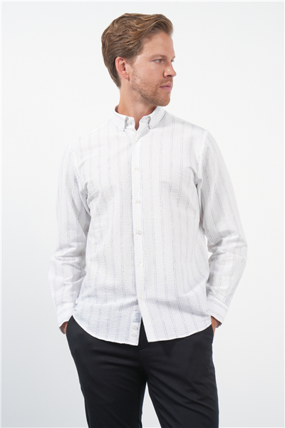 Beyaz-Antrasit Yumuşak Yaka Uzun Kol Slim Fit Pamuklu Gömlek 1004260260