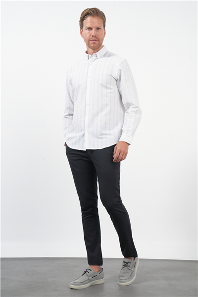 Beyaz-Antrasit Yumuşak Yaka Uzun Kol Slim Fit Pamuklu Gömlek 1004260260