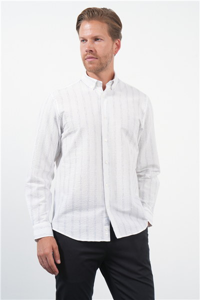Beyaz-Antrasit Yumuşak Yaka Uzun Kol Slim Fit Pamuklu Gömlek 1004260260