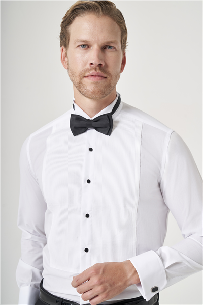 Beyaz Ata Yaka Uzun Kol Cepsiz Slim Fit Pamuklu Damatlık Gömlek 1004260200