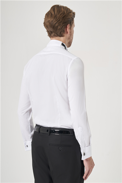 Beyaz Ata Yaka Uzun Kol Cepsiz Slim Fit Pamuklu Damatlık Gömlek 1004260200