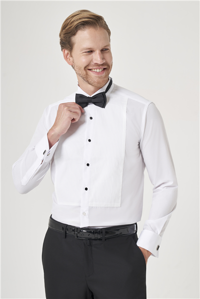 Beyaz Ata Yaka Uzun Kol Cepsiz Slim Fit Pamuklu Damatlık Gömlek 1004260200