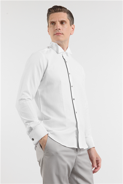 Beyaz Ata Yaka Uzun Kol Cepsiz Slim Fit Pamuklu Gömlek 1004260415
