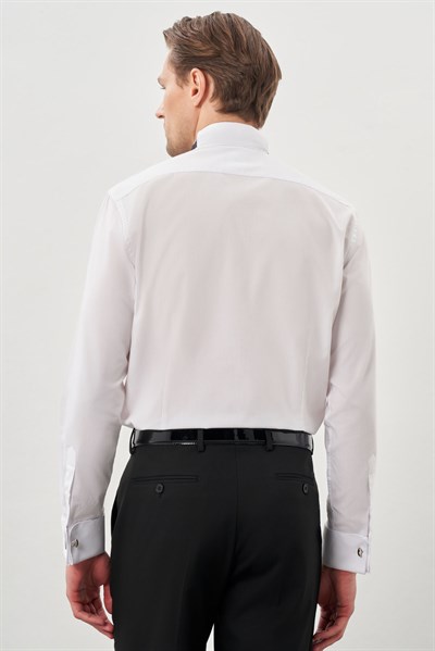 Beyaz Ata Yaka Uzun Kol Cepsiz Slim Fit Basic Pamuklu Gömlek 1004255060