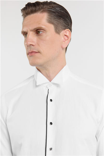 Beyaz Ata Yaka Uzun Kol Cepsiz Slim Fit Pamuklu Gömlek 1004260415
