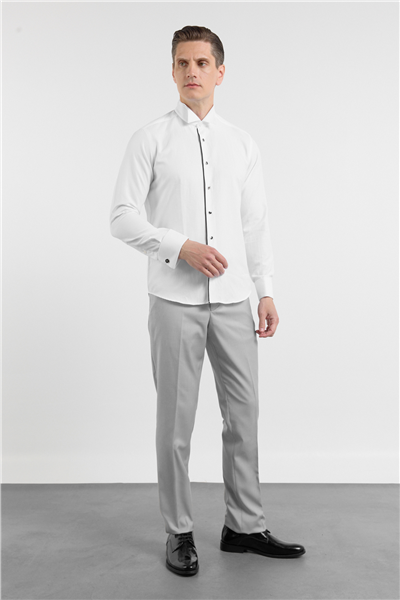Beyaz Ata Yaka Uzun Kol Cepsiz Slim Fit Pamuklu Gömlek 1004260415