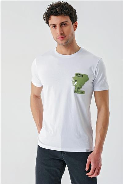 Beyaz Baskılı Bez Ayağı Bisiklet Yaka %100 Pamuk Casual Slim Fit Dar Kesim Tişört 1011240166