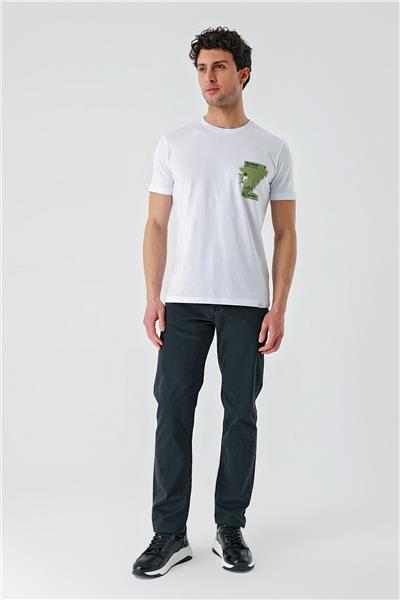 Beyaz Baskılı Bez Ayağı Bisiklet Yaka %100 Pamuk Casual Slim Fit Dar Kesim Tişört 1011240166