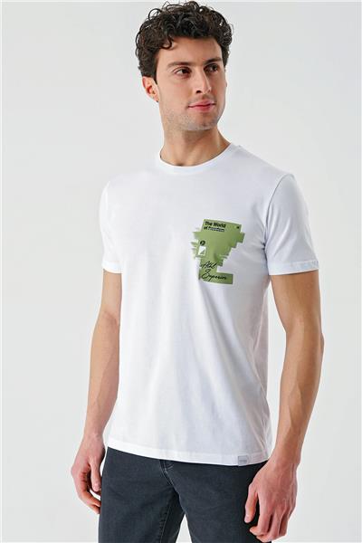 Beyaz Baskılı Bez Ayağı Bisiklet Yaka %100 Pamuk Casual Slim Fit Dar Kesim Tişört 1011240166