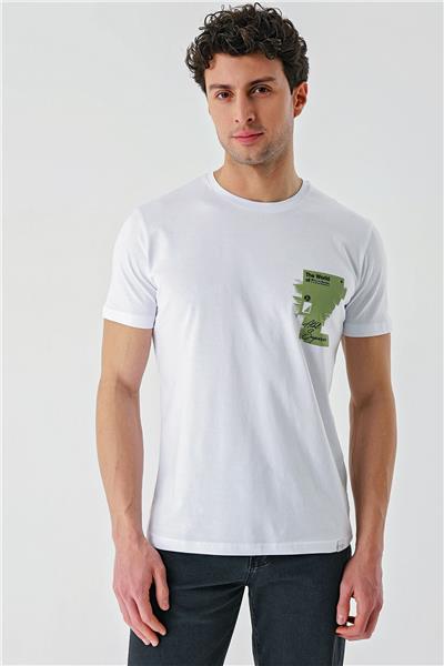 Beyaz Baskılı Bez Ayağı Bisiklet Yaka %100 Pamuk Casual Slim Fit Dar Kesim Tişört 1011240166