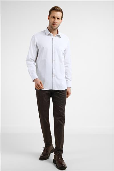 Beyaz-Bej Çizgili Desen Sert Yaka Uzun Kol Cepli Comfort Fit Pamuklu Gömlek 1004255275