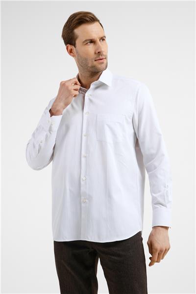 Beyaz-Bej Çizgili Desen Sert Yaka Uzun Kol Cepli Comfort Fit Pamuklu Gömlek 1004255275
