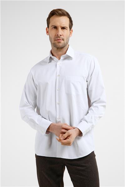 Beyaz-Bej Çizgili Desen Sert Yaka Uzun Kol Cepli Comfort Fit Pamuklu Gömlek 1004255275