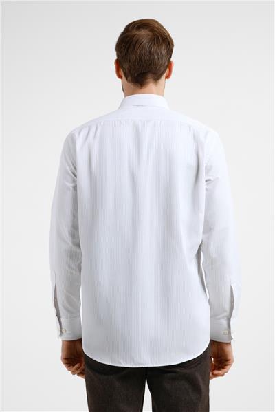 Beyaz-Bej Çizgili Desen Sert Yaka Uzun Kol Cepli Comfort Fit Pamuklu Gömlek 1004255275