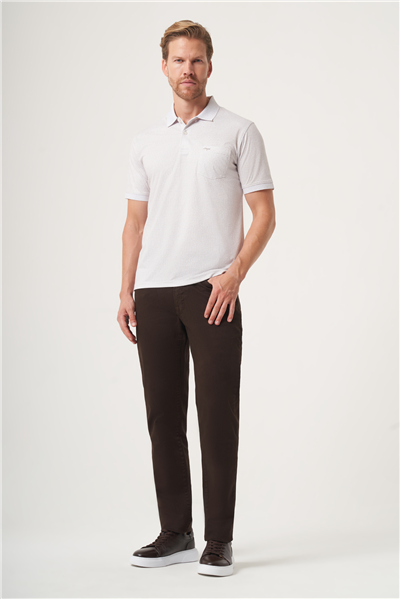Beyaz-Bej Polo Yaka Kısa Kol Cepli Comfort Fit Pamuklu Tişört 1011260158