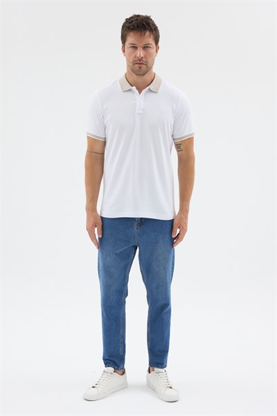 Beyaz-Bej Polo Yaka Pike Kısa Kol Slim Fit %100 Pamuk Tişört 1011260171