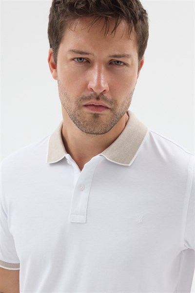 Beyaz-Bej Polo Yaka Pike Kısa Kol Slim Fit %100 Pamuk Tişört 1011260171