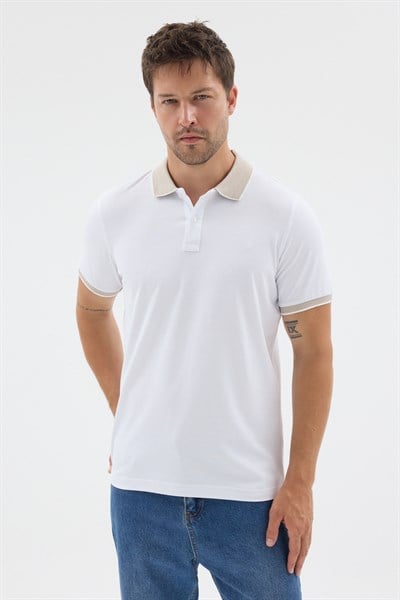 Beyaz-Bej Polo Yaka Pike Kısa Kol Slim Fit %100 Pamuk Tişört 1011260171