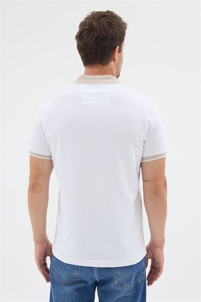 Beyaz-Bej Polo Yaka Pike Kısa Kol Slim Fit %100 Pamuk Tişört 1011260171