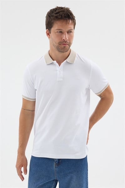 Beyaz-Bej Polo Yaka Pike Kısa Kol Slim Fit %100 Pamuk Tişört 1011260171