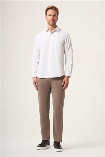 Beyaz-Bej Sert Yaka Slim Fit Pamuklu Gömlek 1004265123