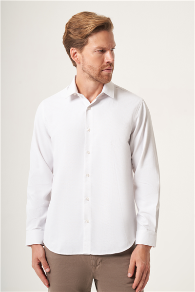 Beyaz-Bej Sert Yaka Slim Fit Pamuklu Gömlek 1004265123