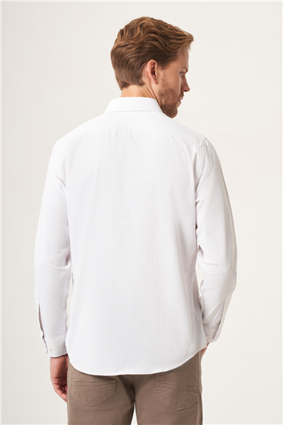 Beyaz-Bej Sert Yaka Slim Fit Pamuklu Gömlek 1004265123