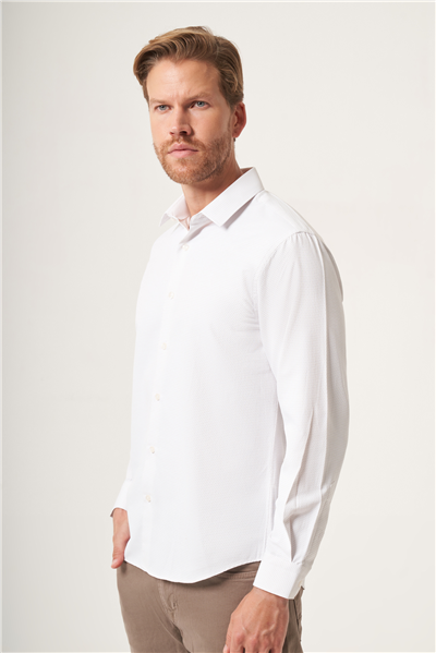 Beyaz-Bej Sert Yaka Slim Fit Pamuklu Gömlek 1004265123