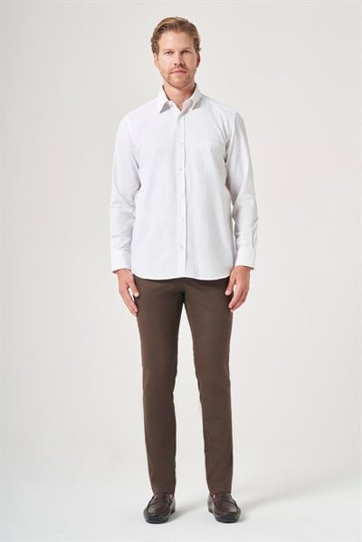 Beyaz-Bej Sert Yaka Uzun Kol Cepli Comfort Fit Pamuklu Gömlek 1004260222