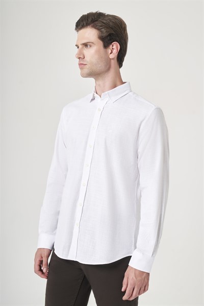 Beyaz Biritli Yaka Uzun Kol Cepsiz Slim Fit Pamuklu Gömlek 1004260207