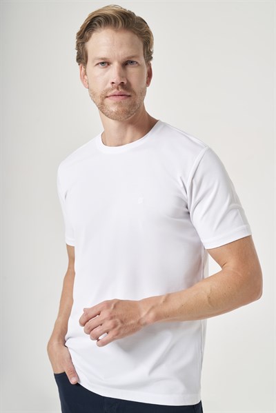 Beyaz Bisiklet Yaka Kısa Kol Örme Slim Fit Esnek Basic Tişört 1011260184