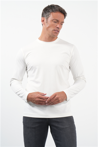 Beyaz Bisiklet Yaka Uzun Kol Örme Standart Fit Esnek Sweatshirt 1013260150