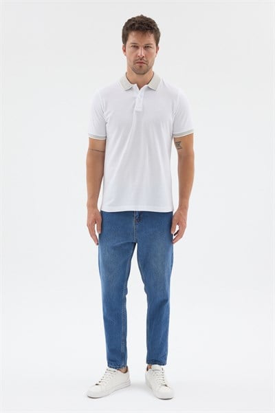 Beyaz-Çağla Polo Yaka Pike Kısa Kol Slim Fit %100 Pamuk Tişört 1011260171