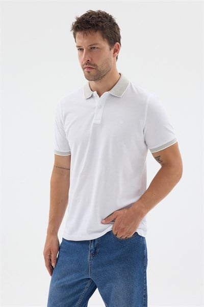 Beyaz-Çağla Polo Yaka Pike Kısa Kol Slim Fit %100 Pamuk Tişört 1011260171
