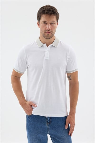 Beyaz-Çağla Polo Yaka Pike Kısa Kol Slim Fit %100 Pamuk Tişört 1011260171