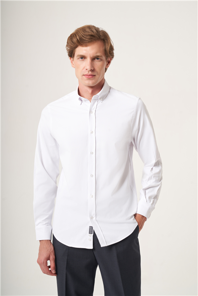 Beyaz Düğmeli Yaka Oxford Slim Fit Pamuklu Gömlek 1004265125