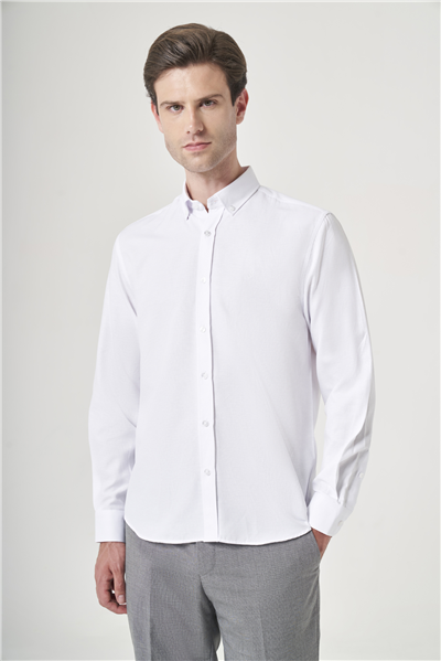 Beyaz Düğmeli Yaka Oxford Slim Fit Pamuklu Gömlek 1004265124