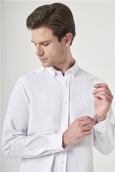Beyaz Düğmeli Yaka Oxford Slim Fit Pamuklu Gömlek 1004265124