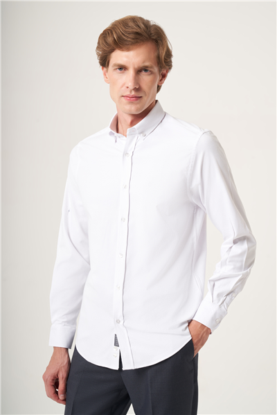 Beyaz Düğmeli Yaka Oxford Slim Fit Pamuklu Gömlek 1004265125