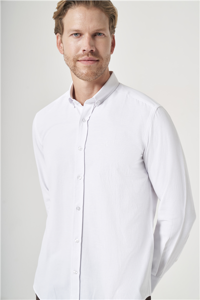 Beyaz Düğmeli Yaka Oxford Slim Fit Pamuklu Gömlek 1004265284