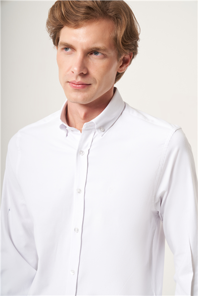 Beyaz Düğmeli Yaka Oxford Slim Fit Pamuklu Gömlek 1004265125