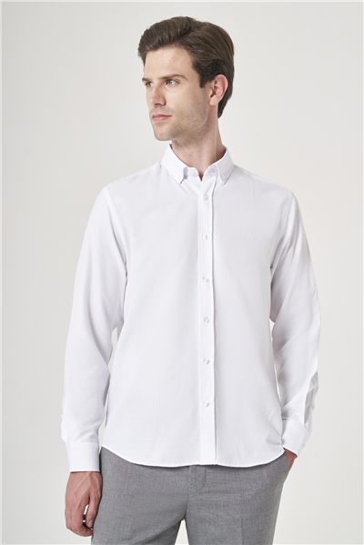 Beyaz Düğmeli Yaka Oxford Slim Fit Pamuklu Gömlek 1004265124
