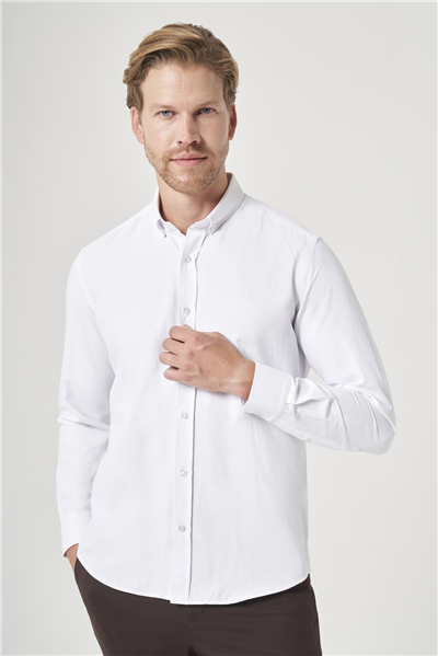 Beyaz Düğmeli Yaka Oxford Slim Fit Pamuklu Gömlek 1004265284