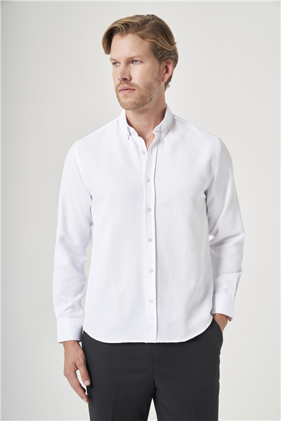Beyaz Düğmeli Yaka Uzun Kol Cepsiz Slim Fit Pamuklu Gömlek 1004260203