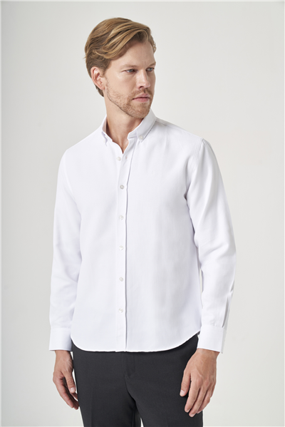 Beyaz Düğmeli Yaka Uzun Kol Cepsiz Slim Fit Pamuklu Gömlek 1004260203