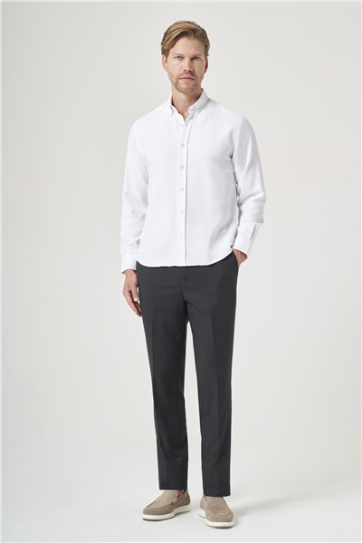 Beyaz Düğmeli Yaka Uzun Kol Cepsiz Slim Fit Pamuklu Gömlek 1004260203
